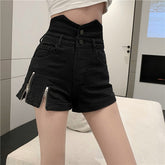 Sexy Cut Off Reißverschlüsse Schwarze Shorts Jeans